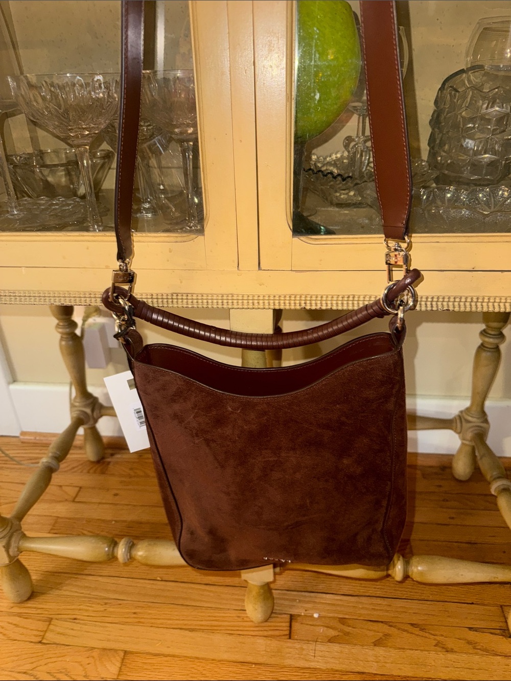 STAUD Brown Suede Shoulder Bag with Dark Leather Trim